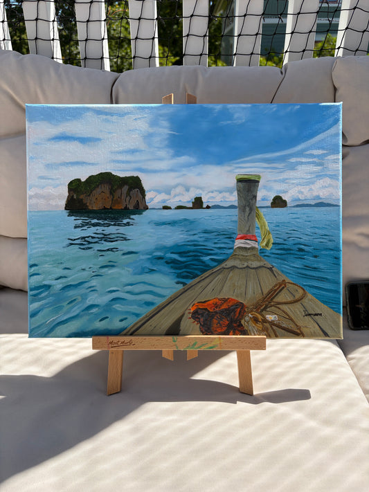 Long tail boat on the ocean Original painting 30*40. FREE SHIPPING