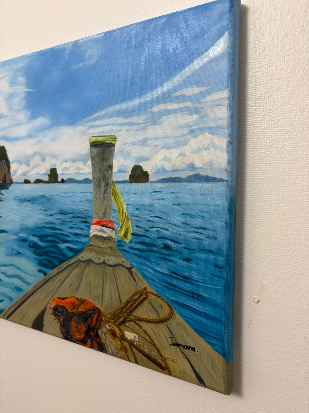 Long tail boat on the ocean Original painting 30*40. FREE SHIPPING