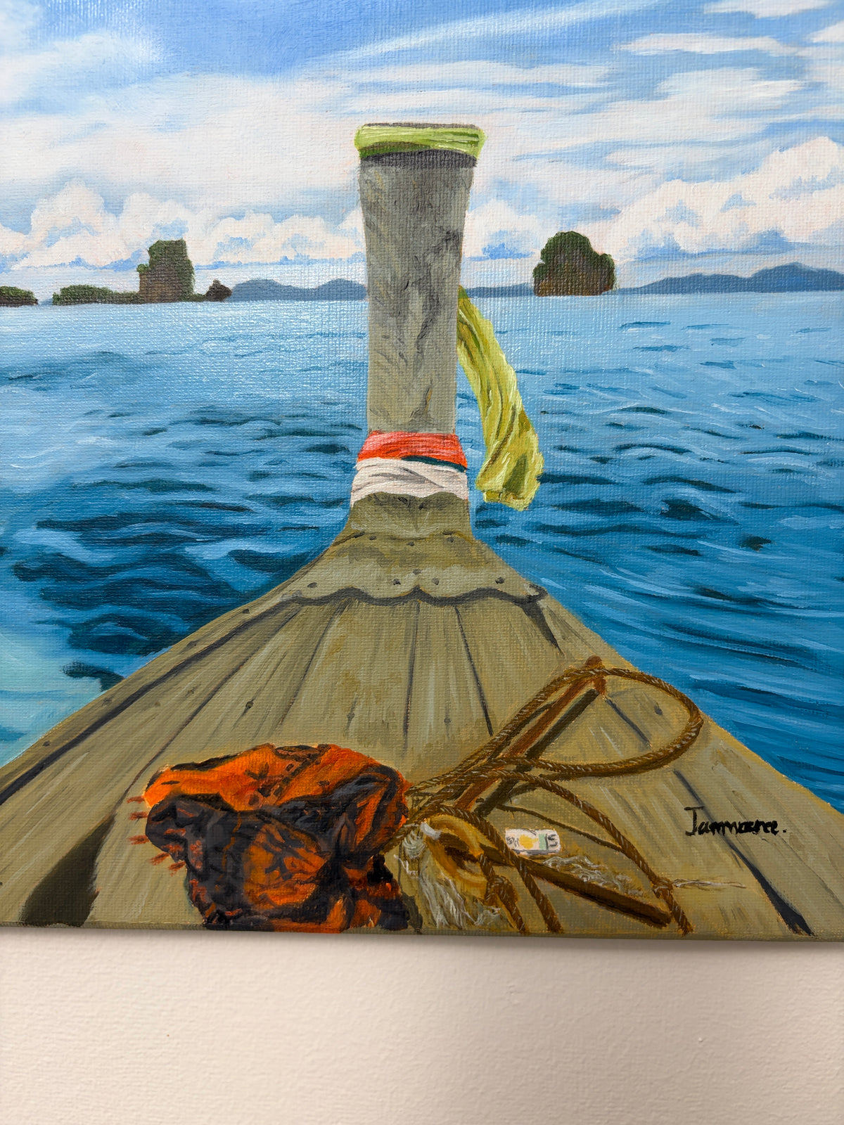 Long tail boat on the ocean Original painting 30*40. FREE SHIPPING