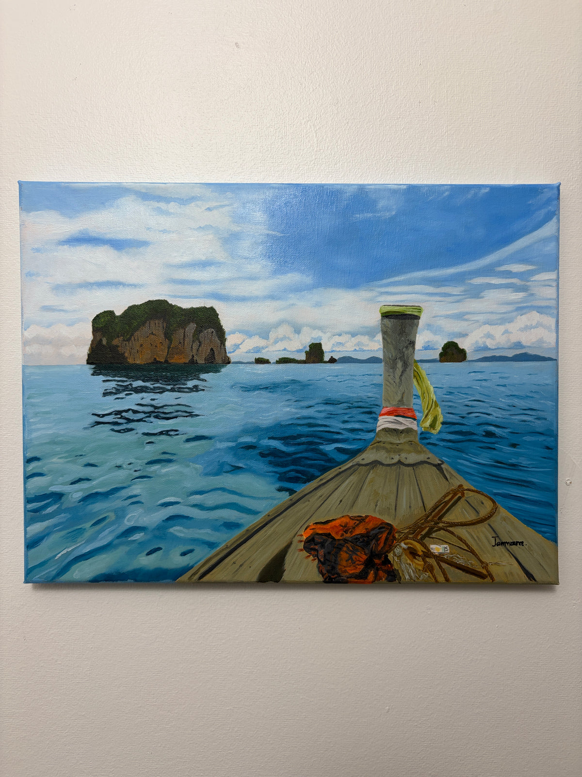 Long tail boat on the ocean Original painting 30*40. FREE SHIPPING