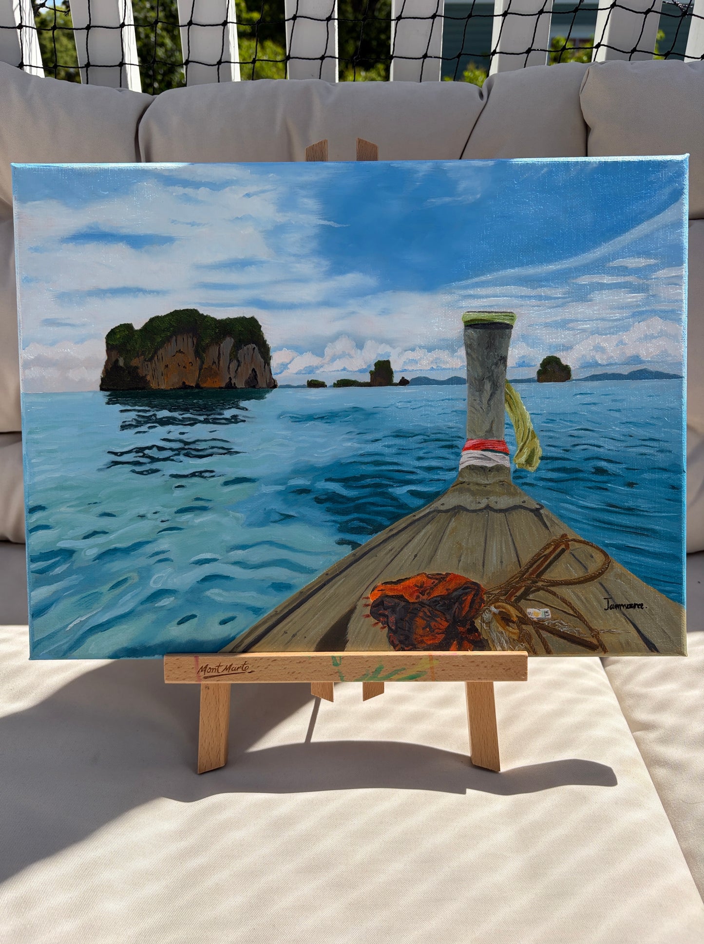 Long tail boat on the ocean Original painting 30*40. FREE SHIPPING