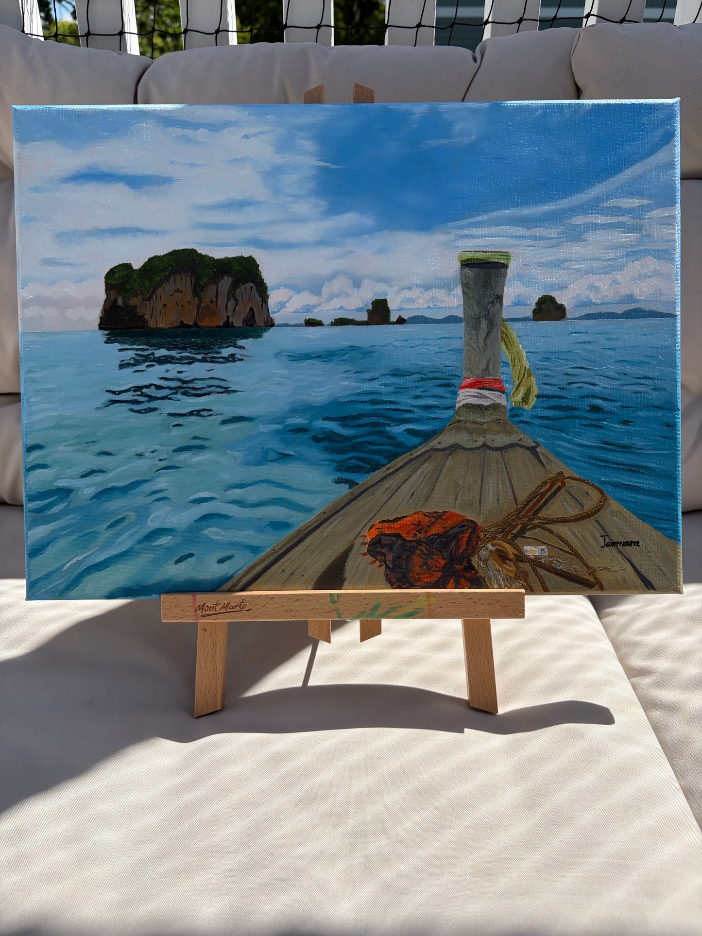 Long tail boat on the ocean Original painting 30*40. FREE SHIPPING