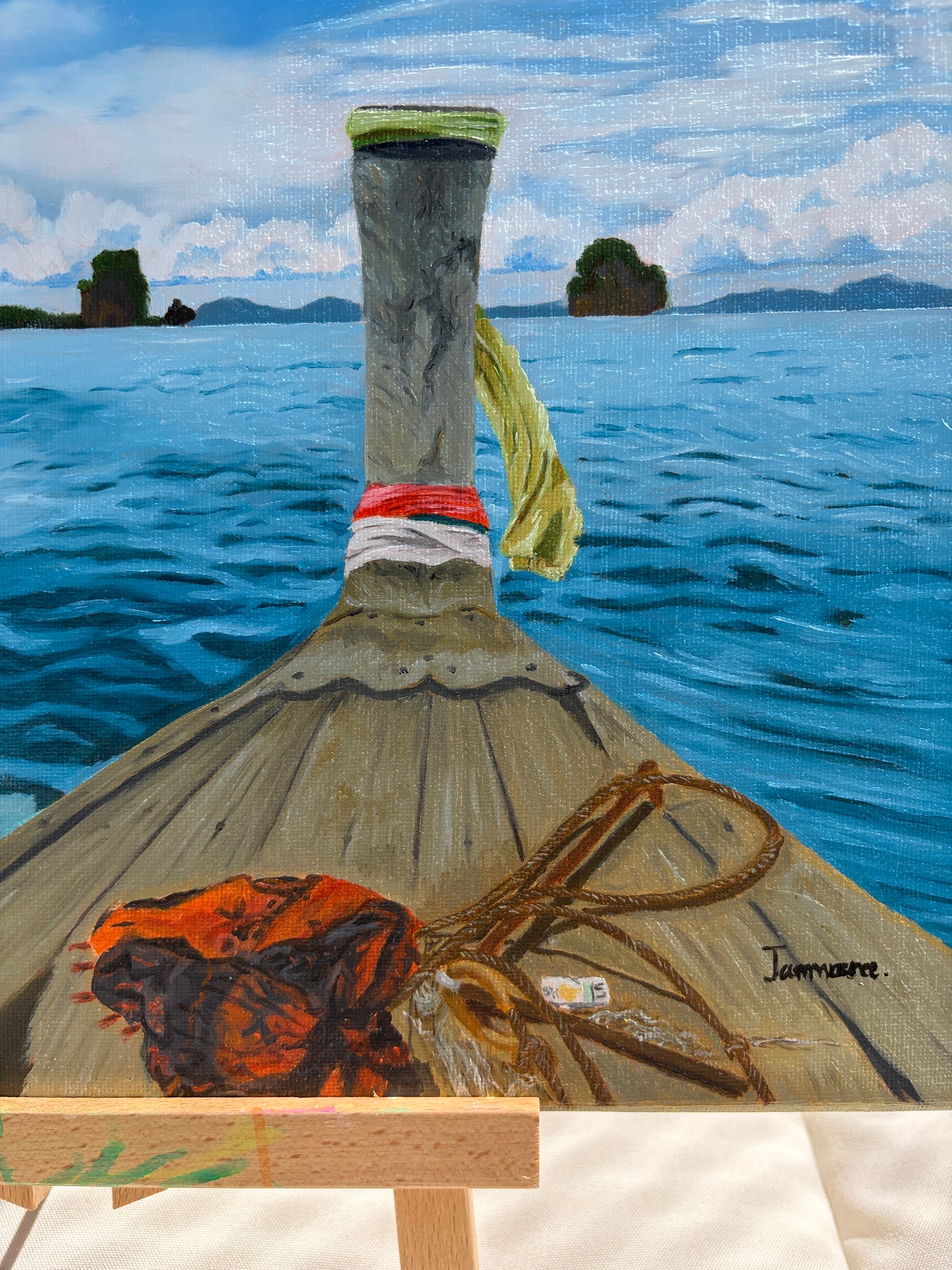 Long tail boat on the ocean Original painting 30*40. FREE SHIPPING