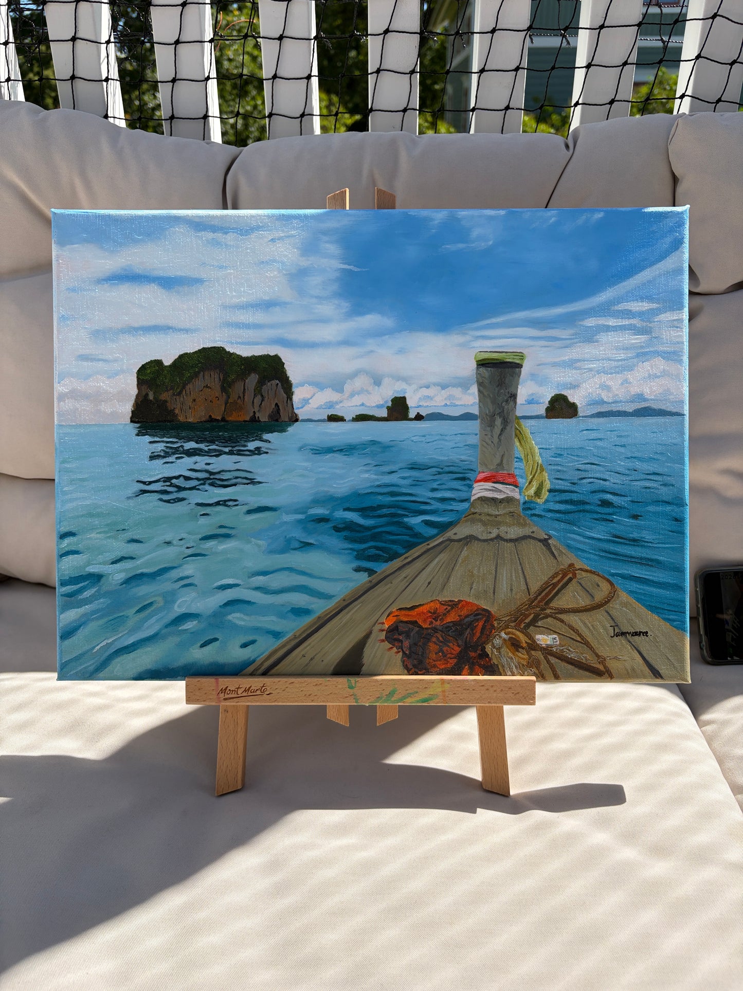 Long tail boat on the ocean Original painting 30*40. FREE SHIPPING