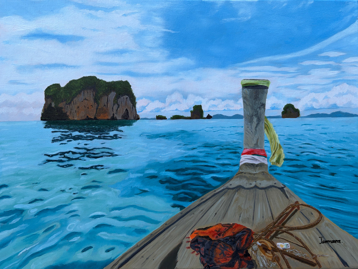 Long tail boat on the ocean Original painting 30*40. FREE SHIPPING