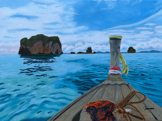 Long tail boat on the ocean Original painting 30*40. FREE SHIPPING